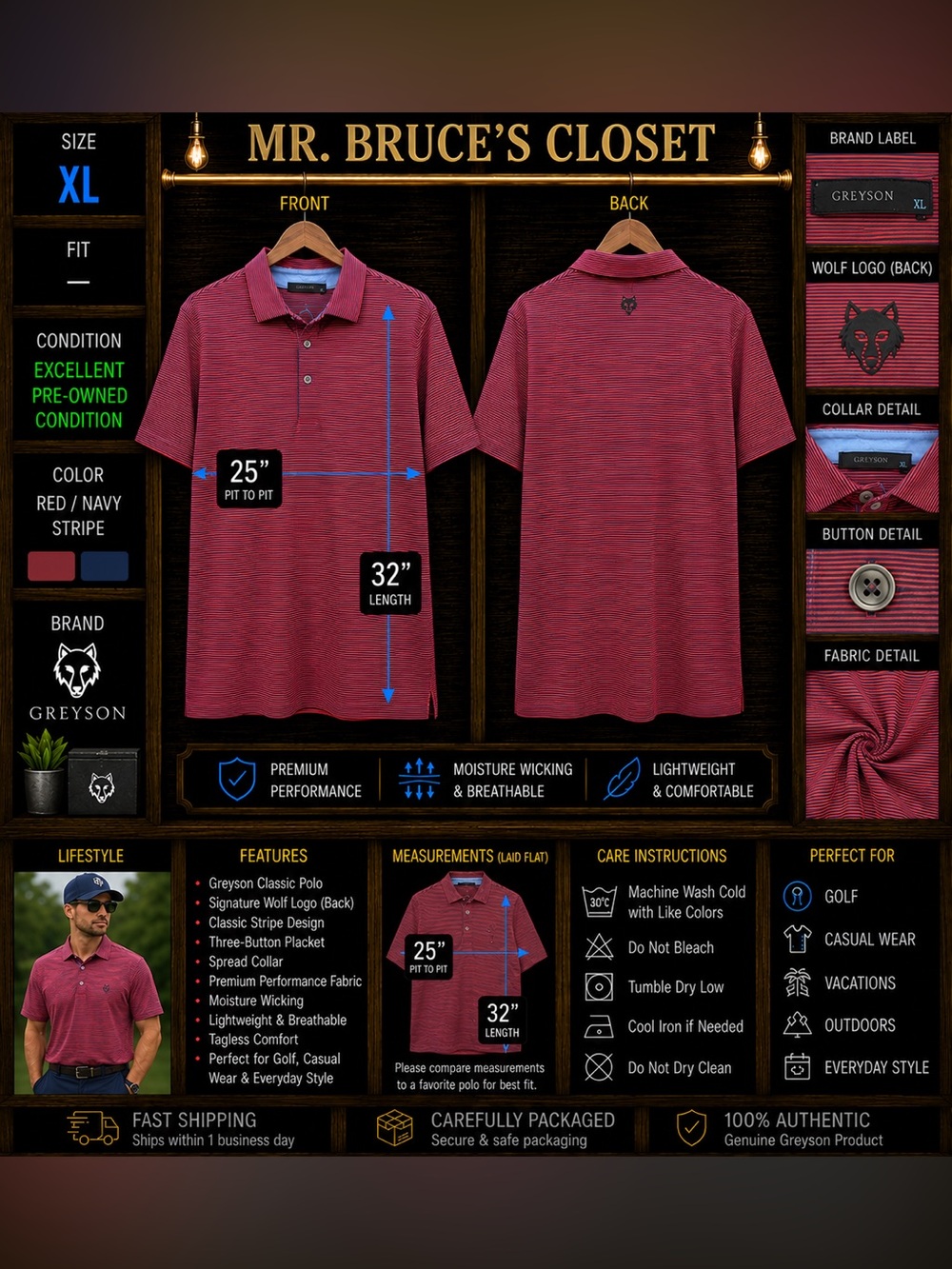 Greyson Red and Navy Heather Stripe Polo - Men's